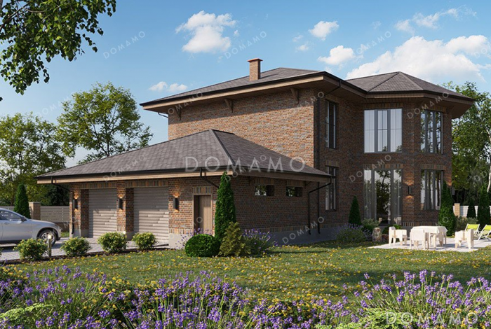 Проект двухэтажного дома с большой гостиной и гаражом на два автомобиля