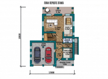 Проект двухэтажного дома с террасой, гаражом на два автомобиля и подвалом / План 1 этажа