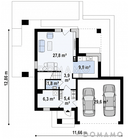 Проект компактного двухэтажного дома из кирпича с гаражом на два автомобиля / План 1 этажа
