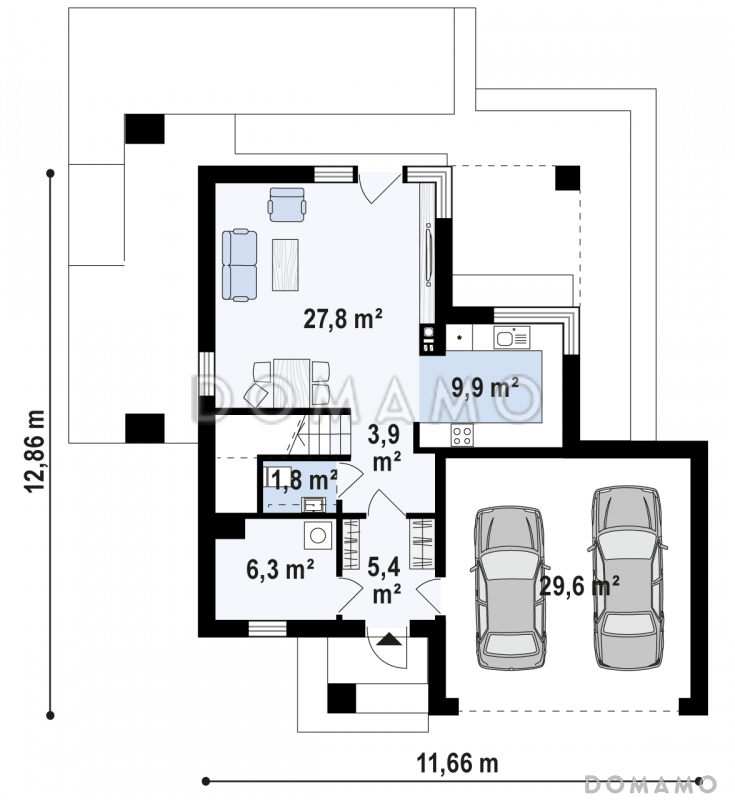 Проект компактного двухэтажного дома из кирпича с гаражом на два автомобиля / План 1 этажа