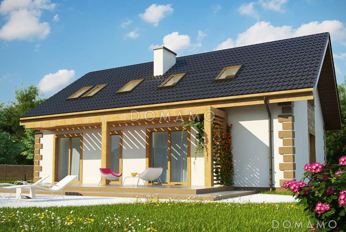 Проект одноэтажного мансардного дома из газобетона классической формы и планировки, с пятью комнатами