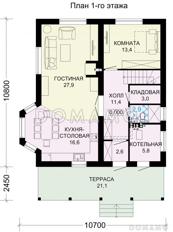 Проект загородного дома из SIP панелей с тремя спальными комнатами на мансардном этаже / План 1 этажа