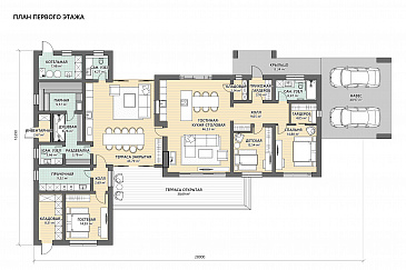 Проект кирпичного дома Г-образной формы с закрытой террасой, 3 кладовками, 3 спальнями и парной / План 1 этажа