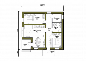 Проект небольшого одноэтажного дома с двумя спальнями и просторной кухней-гостиной / План 1 этажа