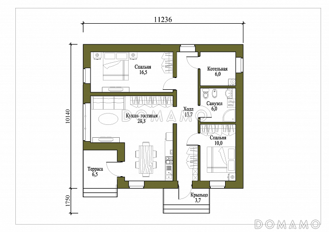 Проект небольшого одноэтажного дома с двумя спальнями и просторной кухней-гостиной / План 1 этажа