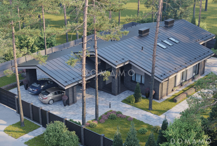 Проект кирпичного одноэтажного дома с 3 комнатами, сауной и навесом для автомобилей