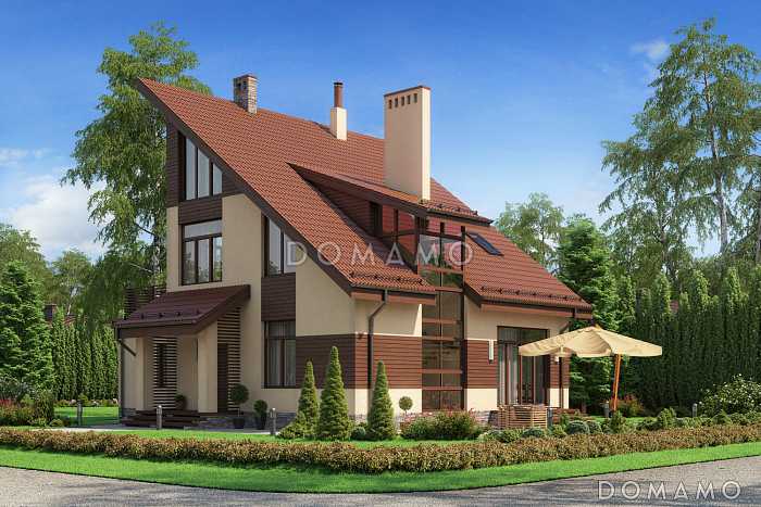 Проект дома с односкатной крышей, большим балконом и сауной