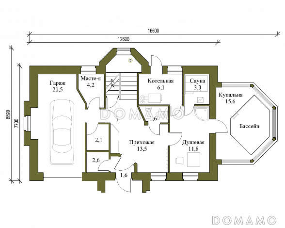 Проект коттеджа с бассейном и гаражом / План 1 этажа