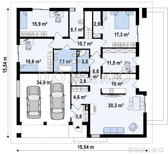 Проект большого одноэтажного дома из кирпича с тремя спальнями, кабинетом и гаражом на два автомобиля / План 1 этажа