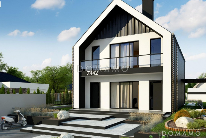 Проект современного двухэтажного дома из кирпича с кабинетом для узкого участка