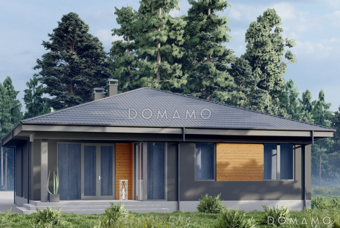 Проект одноэтажного дома в стиле хай-тек с тремя спальнями, гостиной и кабинетом