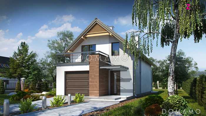 Проект одноэтажного мансардного дома из газобетона с гаражом для узкого участка