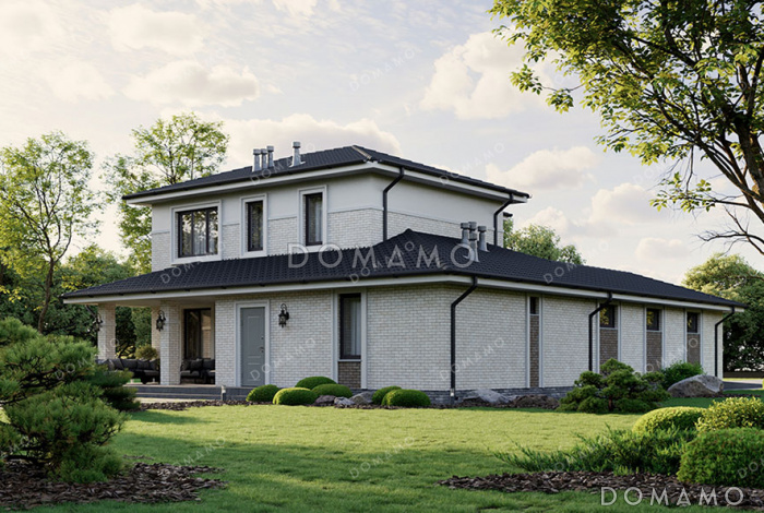 Проект дома с гаражом на две машины, сауной и тремя спальнями