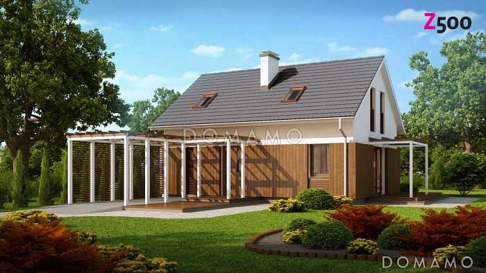 Проект одноэтажного мансардного дома из газобетона с навесом для автомобиля