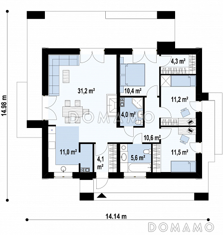 Проект современного компактного одноэтажного дома из газобетона с тремя спальнями / План 1 этажа