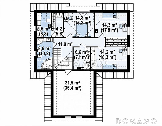 Проект комфортного одноэтажного мансардного дома из газобетона с гаражом для двух автомобилей / План мансардного этажа