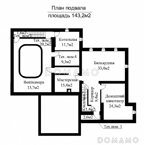 Проект загородного дома с бассейном и гаражом на 2 машины  / План цокольного этажа