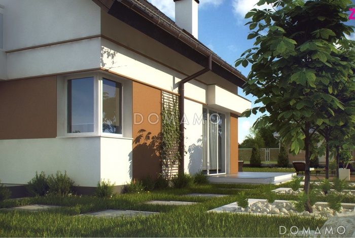 Проект классического одноэтажного мансардного дома из кирпича с эркером в столовой зоне, балконами и хозяйственным помещением