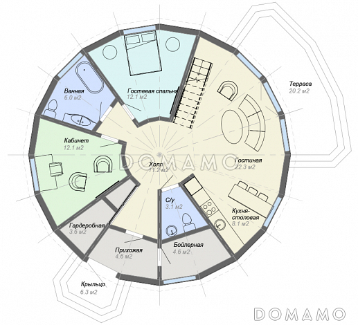 Проект купольного дома с 4 спальнями и видовой гостиной / План 1 этажа