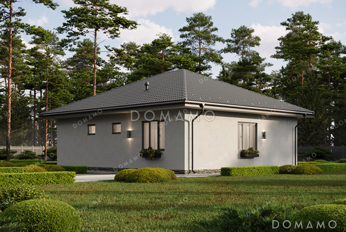 Проект компактного одноэтажного дома с вальмовой кровлей, крытой террасой, тремя спальнями и большой открытой зоной кухни-гостиной