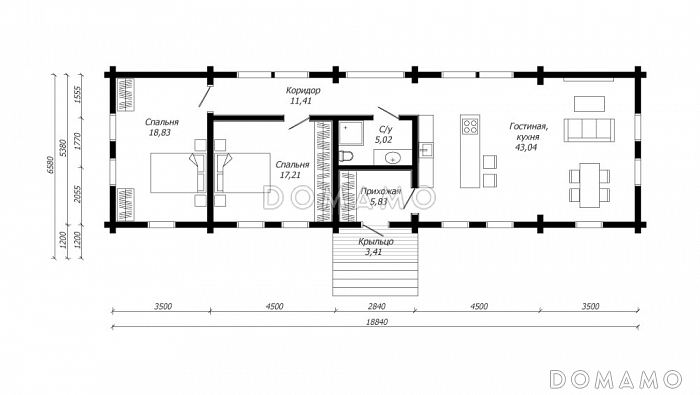Проект одноэтажного дома из клееного бруса с многоуровневой кровлей / План 1 этажа