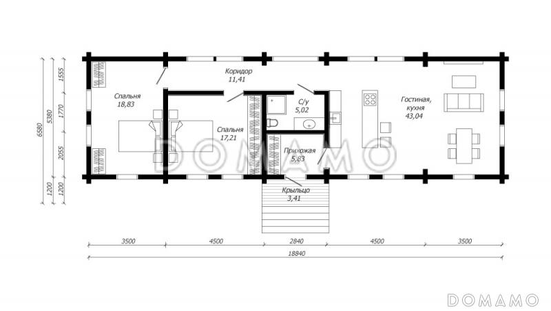 Проект одноэтажного дома из клееного бруса с многоуровневой кровлей / План 1 этажа