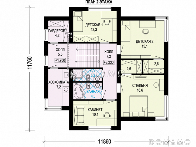 Проект просторного двухэтажного дома из пенобетона и кирпича с пятью комнатами / План 2 этажа
