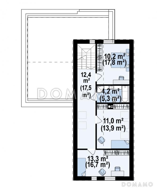 Проект загородного дома с двухскатной крышей, гаражом, просторной гостиной, кладовой в кухне / План мансардного этажа