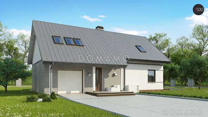 Проект увеличенного одноэтажного мансардного дома из кирпича с гаражом и большим фронтонным окном