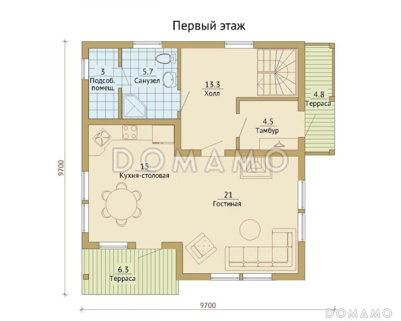 Проект каркасного дома с двумя балконами на мансардном этаже / План 1 этажа