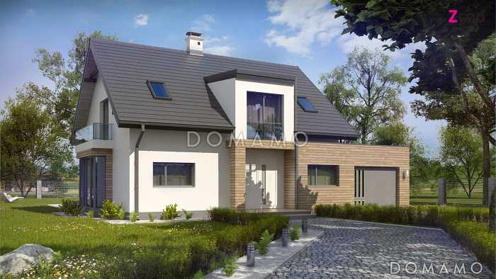 Проект одноэтажного мансардного дома из газобетона с остеклённым прямоугольным эркером, панорамными окнами на мансарде и гаражом 