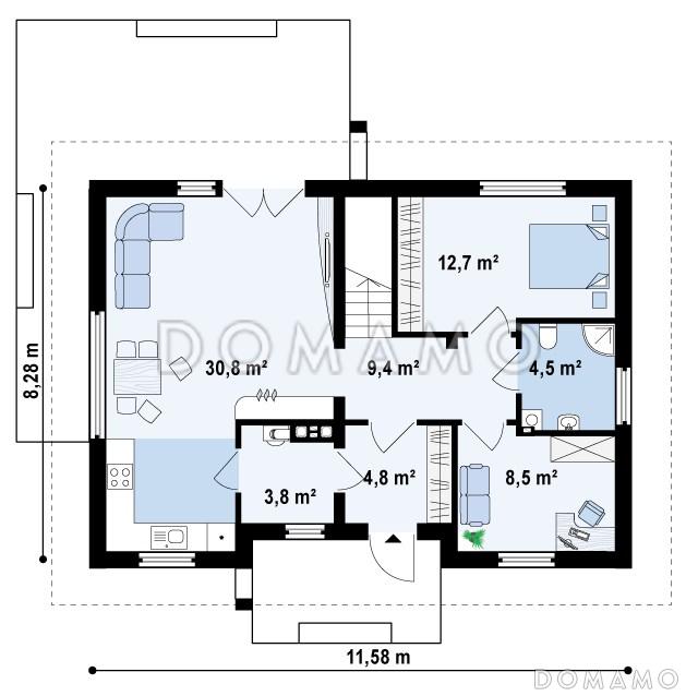 Проект одноэтажного мансардного дома из газобетона с дополнительной спальней и кабинетом на первом этаже / План 1 этажа