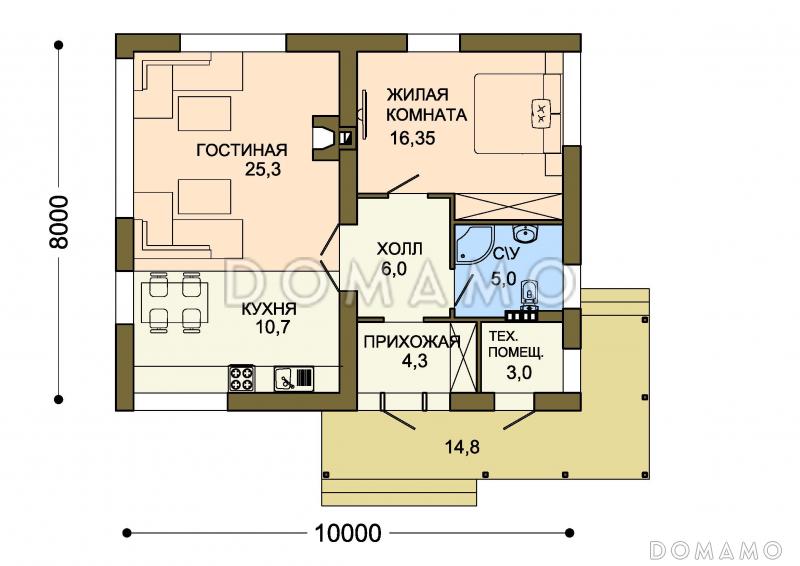 Проект белого одноэтажного дома с авангардным крыльцом / План 1 этажа
