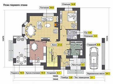 Проект коттеджа из кирпича с двуцветной облицовкой и хозяйским санузлом / План 1 этажа