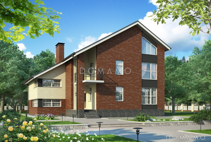 Проект дома с двухскатной крышей с мансардными окнами,  террасой, двумя балконами, кладовой на мансарде