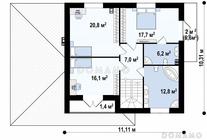 Проект двухэтажного дома из газобетона с тремя спальнями, кабинетом, гаражом и балконом / План 2 этажа