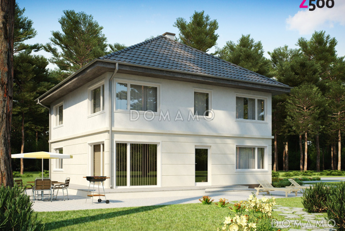 Проект современного просторного двухэтажного дома из газобетона с гаражом и террасой над ним