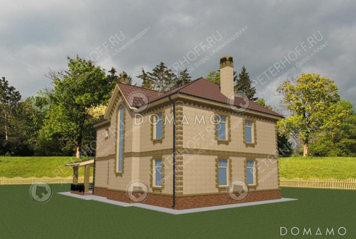 Проект коттеджа с гаражом и навесом для машины