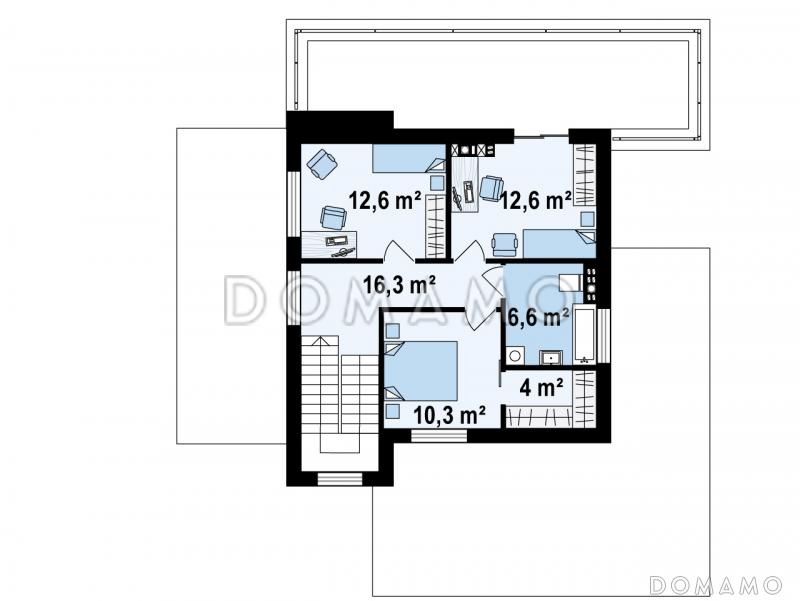Проект современного двухэтажного дома из газобетона с плоской крышей, четырьмя комнатами, гаражом и террасой на втором этаже / План 2 этажа