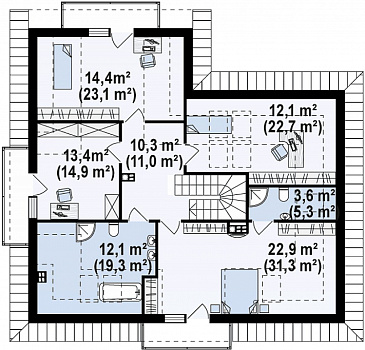 Проект просторного одноэтажного мансардного коттеджа из газобетона с гостевой спальней на первом этаже, кабинетом и гаражом / План мансардного этажа