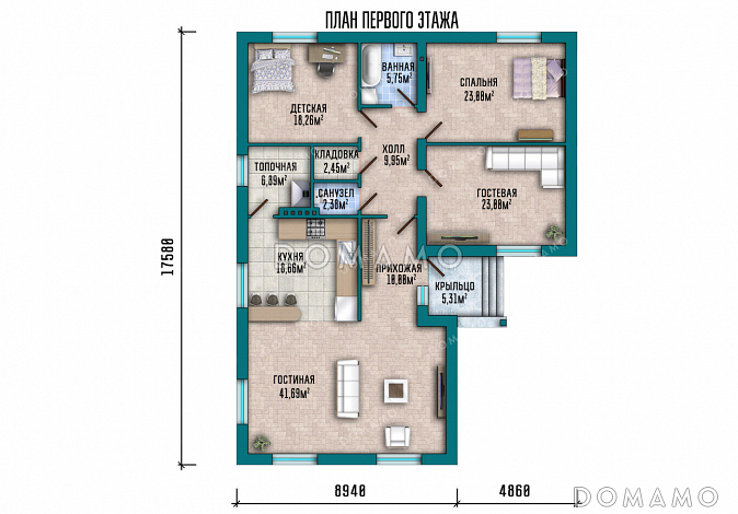 Проект одноэтажного дома с просторной гостиной, тремя спальнями и котельной / План 1 этажа