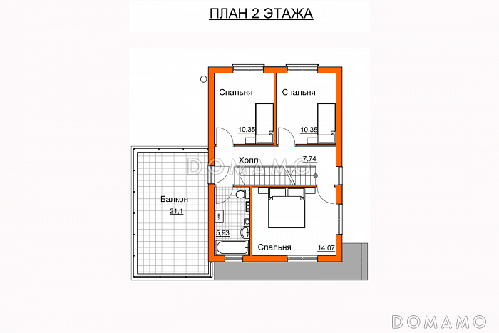 Проект дома с просторной открытой террасой, гаражом, спальнями и большим балконом-террасой на втором этаже / План 2 этажа