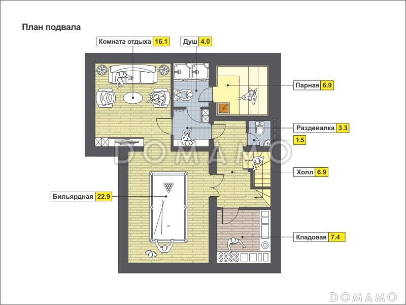 Проект уютного загородного дома с парной в цокольном этаже, навесом для машины, тремя спальнями на мансардном этаже / План цокольного этажа