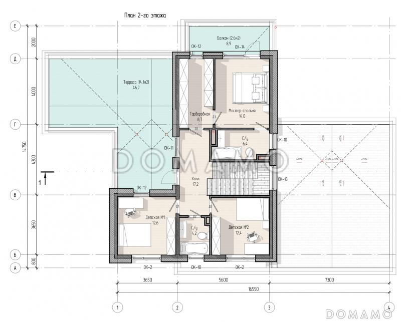 Проект современного дома с 5 спальнями, гаражом на 2 машины и террасой на втором уровне / План 2 этажа