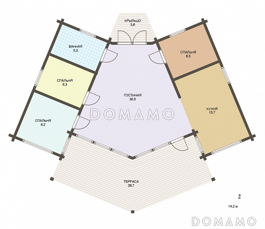 Проект одноэтажного необычного по форме дома из клееного бруса / План 1 этажа