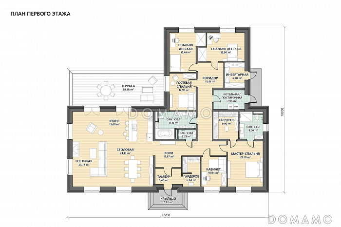 Проект Г-образного дома с 5 комнатами, просторной гостиной-столовой и террасой / План 1 этажа