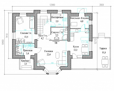 Проект полутораэтажного коттеджа с яркой облицовкой и открытой террасой из СИП панелей / План 1 этажа