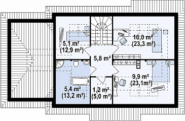 Проект одноэтажного мансардного дома из кирпича с кабинетом, угловым окном в гостиной и гаражом / План мансардного этажа