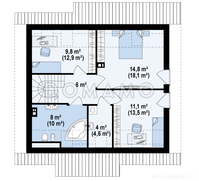 Проект компактного мансардного дома из газобетона с угловой террасой и окнами с французским балконом / План мансардного этажа
