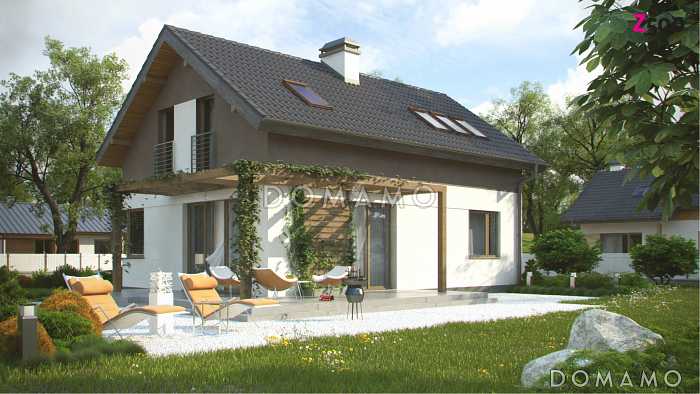 Проект одноэтажного мансардного дома из кирпича с угловым окном в кухонной зоне и кабинетом